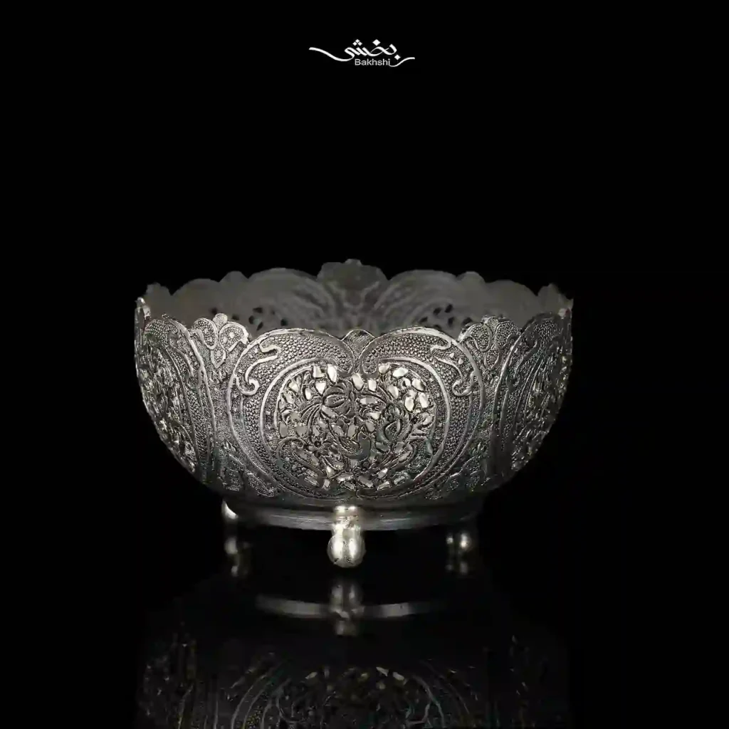 کاسه نقره گرد پایه گلوله ای قلم مشبک اعلا