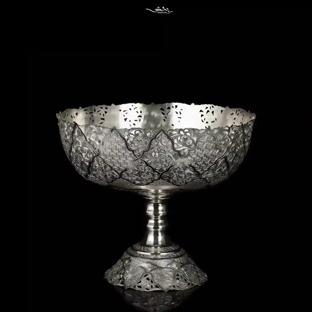 کاسه گرد پایه دار نقره قلم تبریز