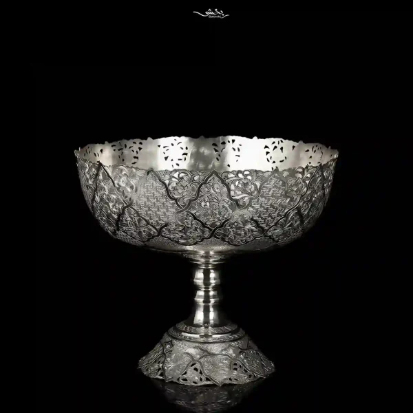 کاسه گرد پایه دار نقره قلم تبریز