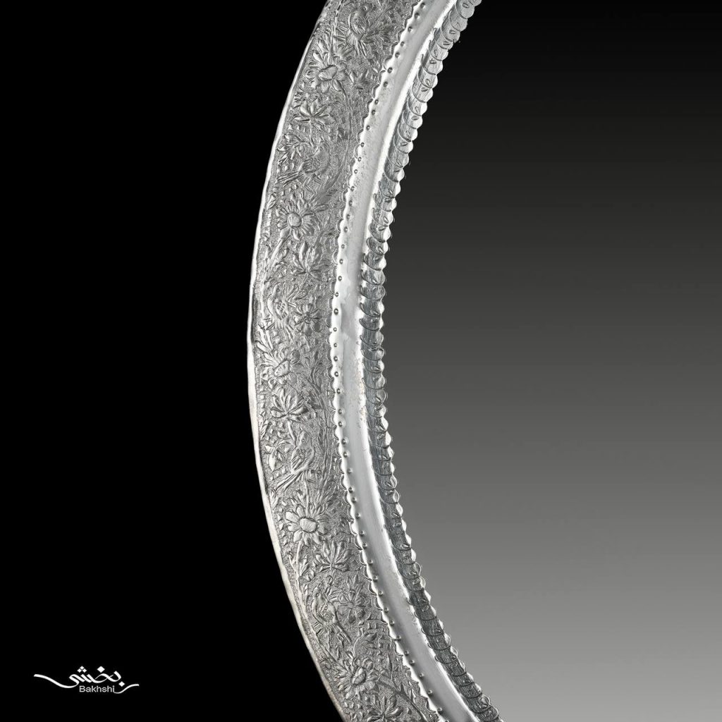 آینه نقره بیضی قلم گل و مرغ