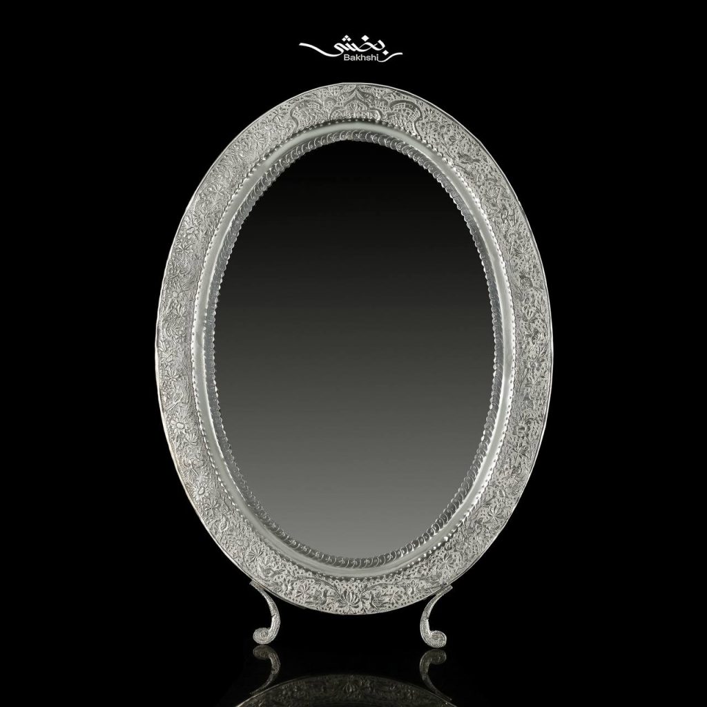آینه نقره بیضی قلم گل و مرغ