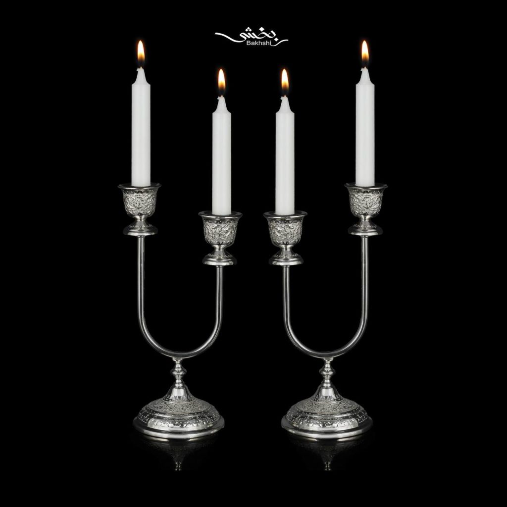 شمعدان دوشاخه نقره گل و مرغ
