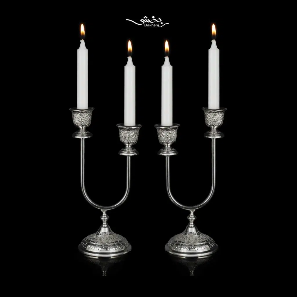 شمعدان دوشاخه نقره گل و مرغ