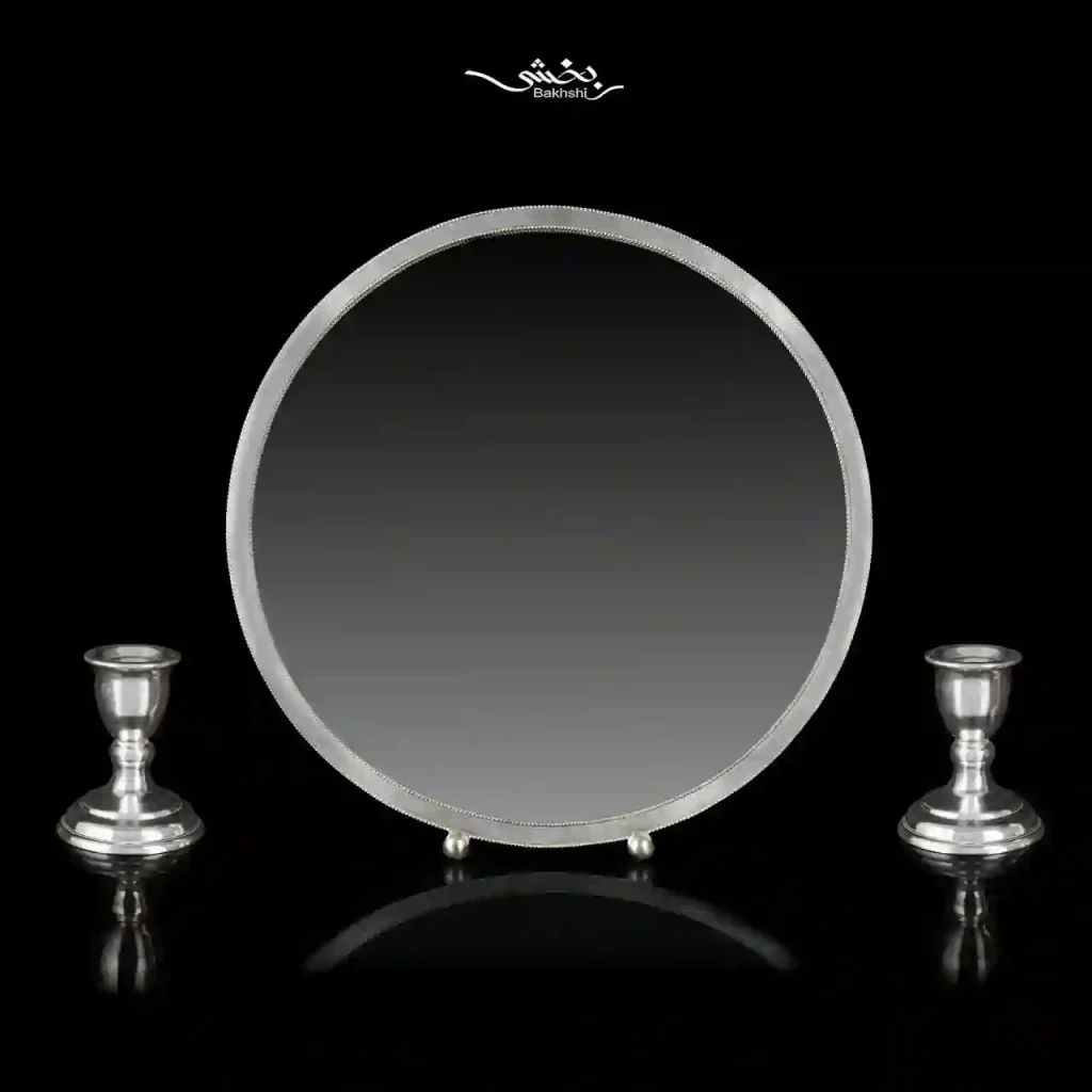 ست آینه و شمعدان پایه کوتاه نقره گرد مدرن
