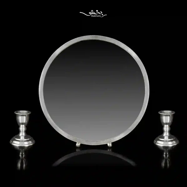 ست آینه و شمعدان پایه کوتاه نقره گرد مدرن