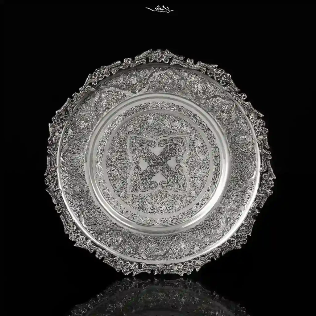 بشقاب نقره گرد قلم گل و بوته اعلا