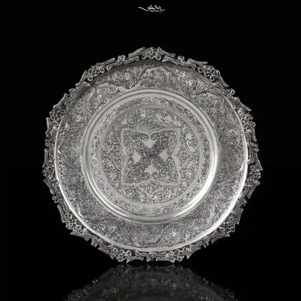 بشقاب نقره گرد قلم گل و بوته اعلا