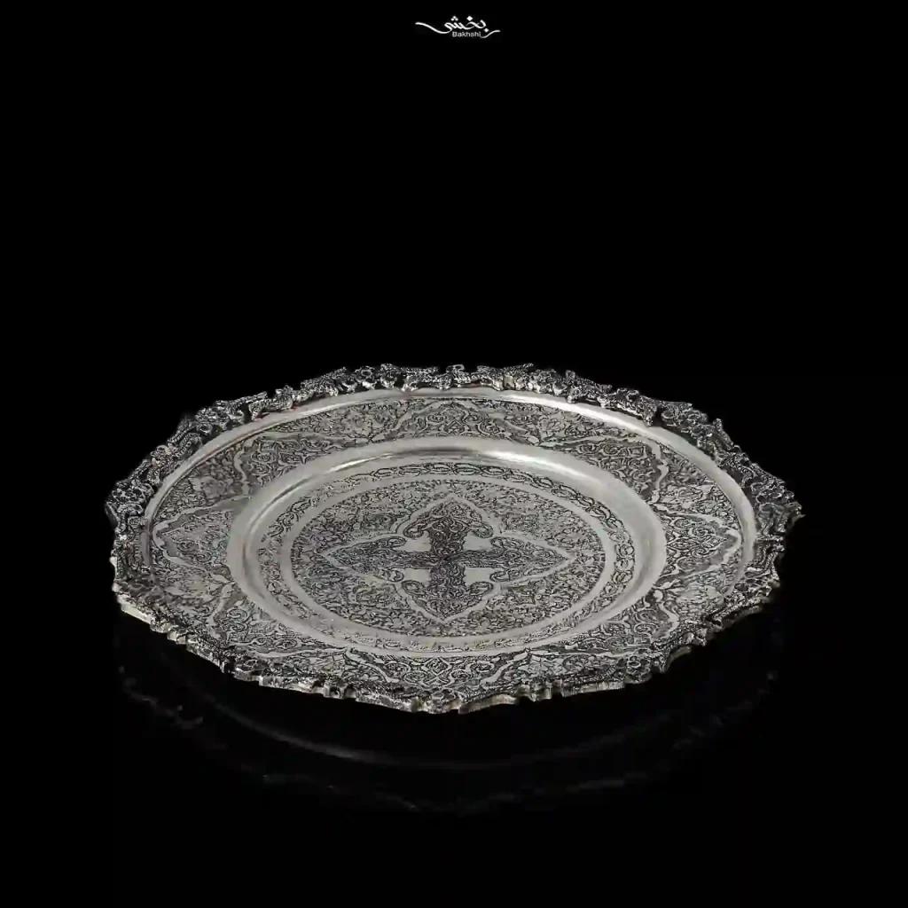 بشقاب نقره گرد قلم گل و بوته اعلا