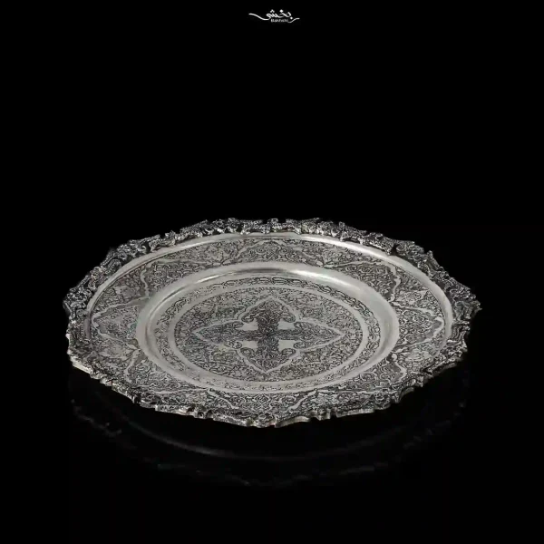 بشقاب نقره گرد قلم گل و بوته اعلا