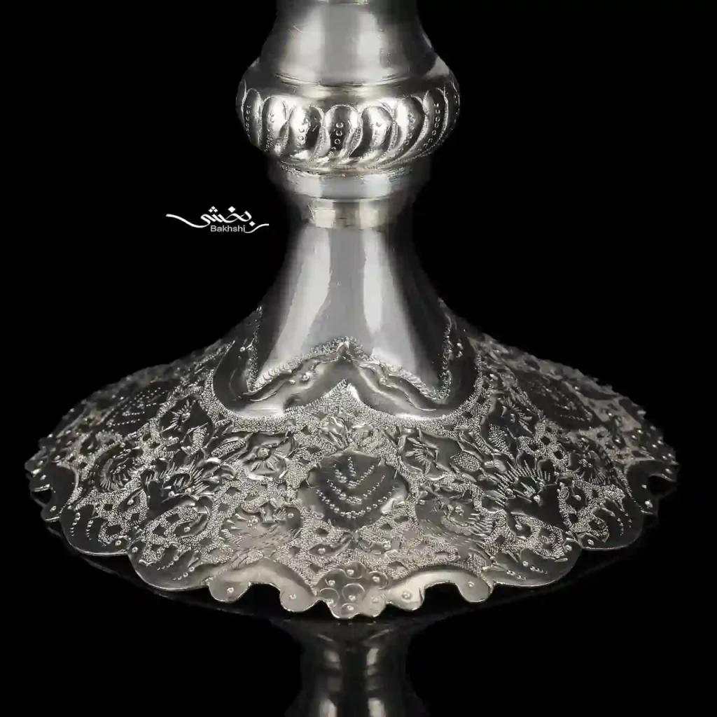 کشکول پایه دار نقره قلم گل و مرغ