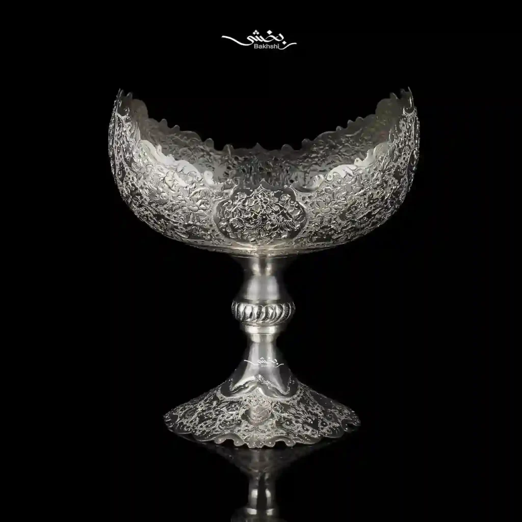 کشکول پایه دار نقره قلم گل و مرغ