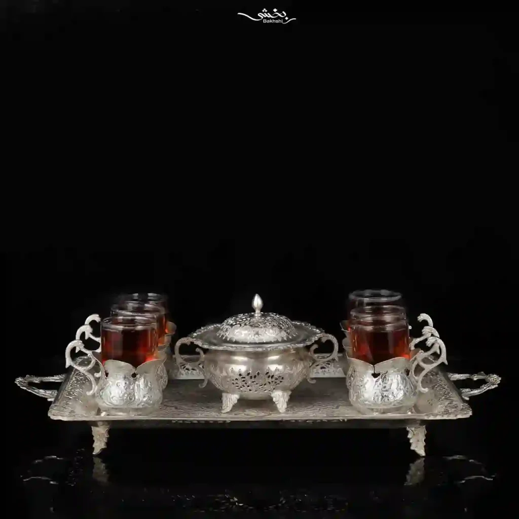 ست چای خوری نقره سینی مستطیل قلم ترنج