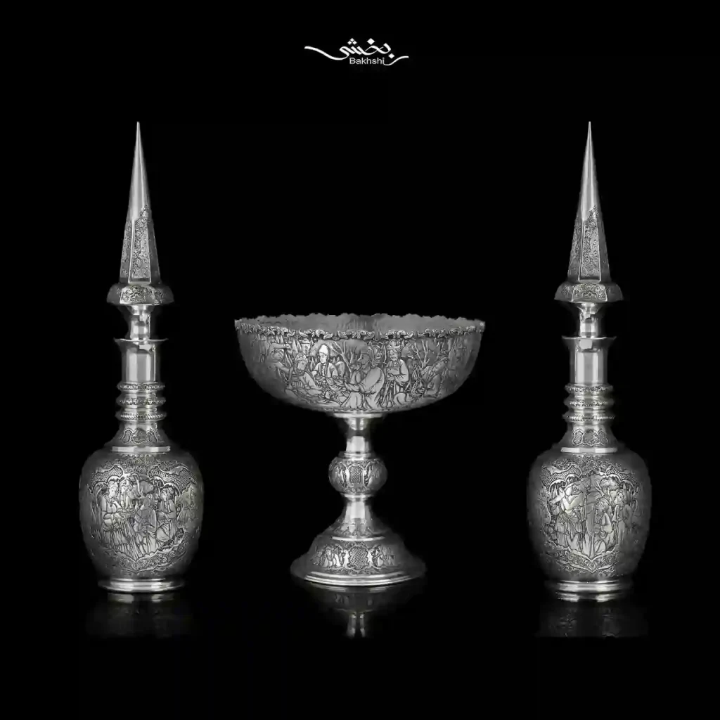 یک جفت تنگ شاخدار نقره قلم مینیاتور اعلا