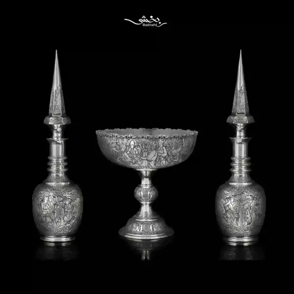 یک جفت تنگ شاخدار نقره قلم مینیاتور اعلا