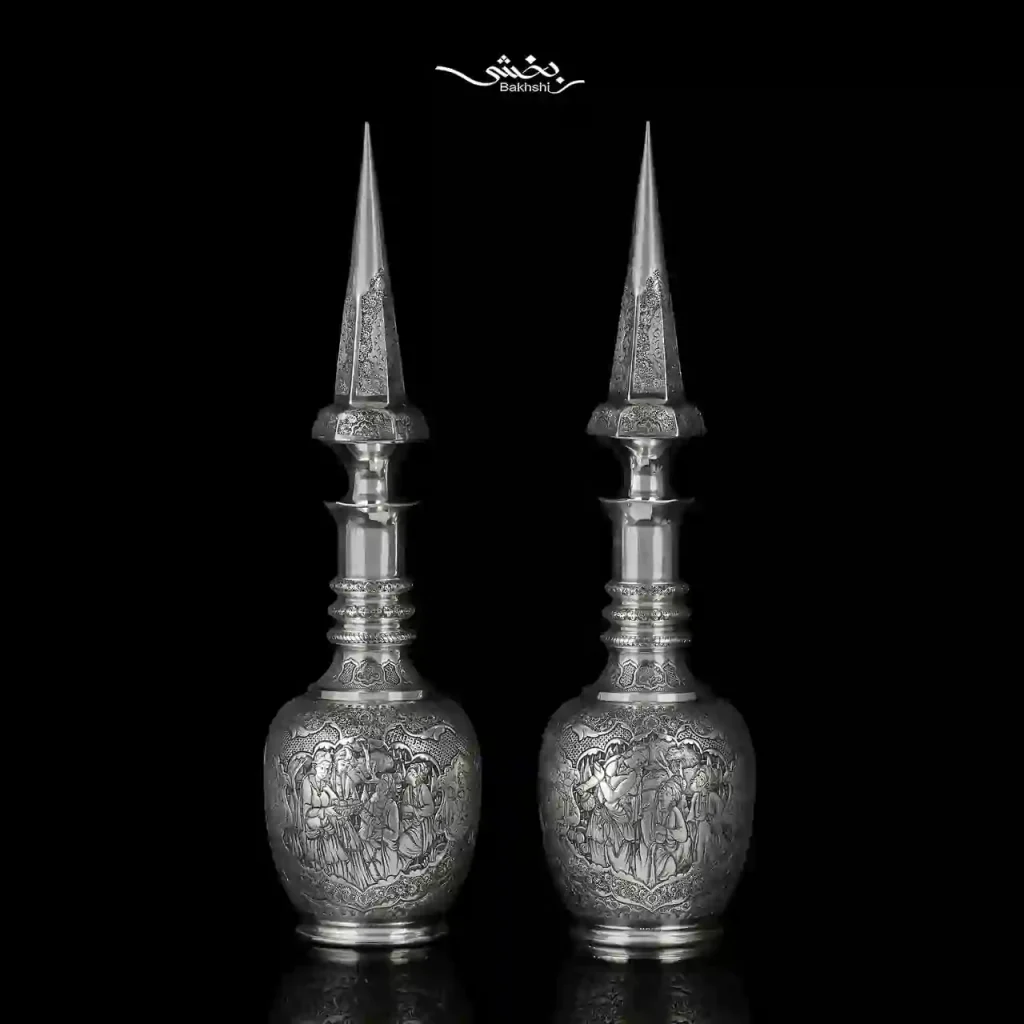 یک جفت تنگ شاخدار نقره قلم مینیاتور اعلا