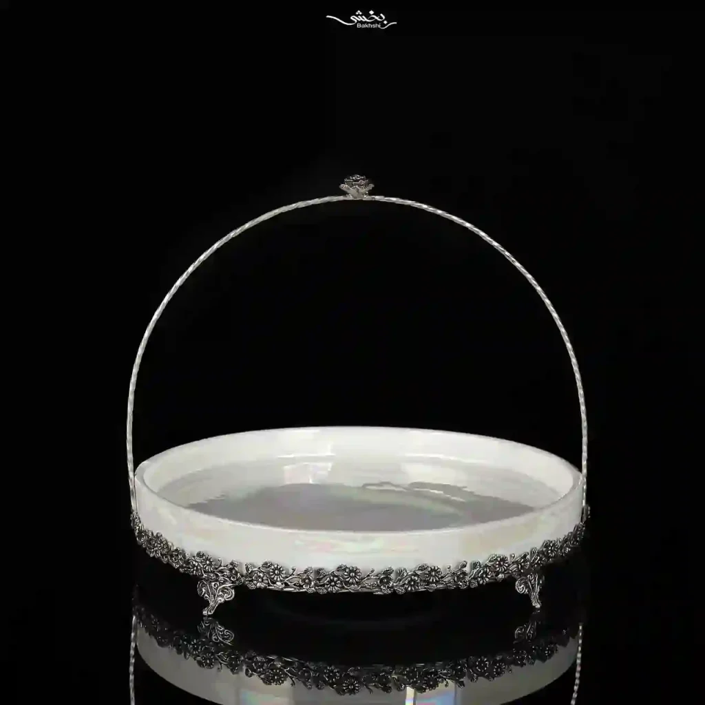 شیرینی خوری سرامیک نقره دسته دار صدفی