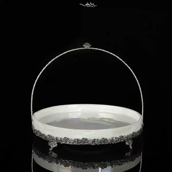 شیرینی خوری سرامیک نقره دسته دار صدفی