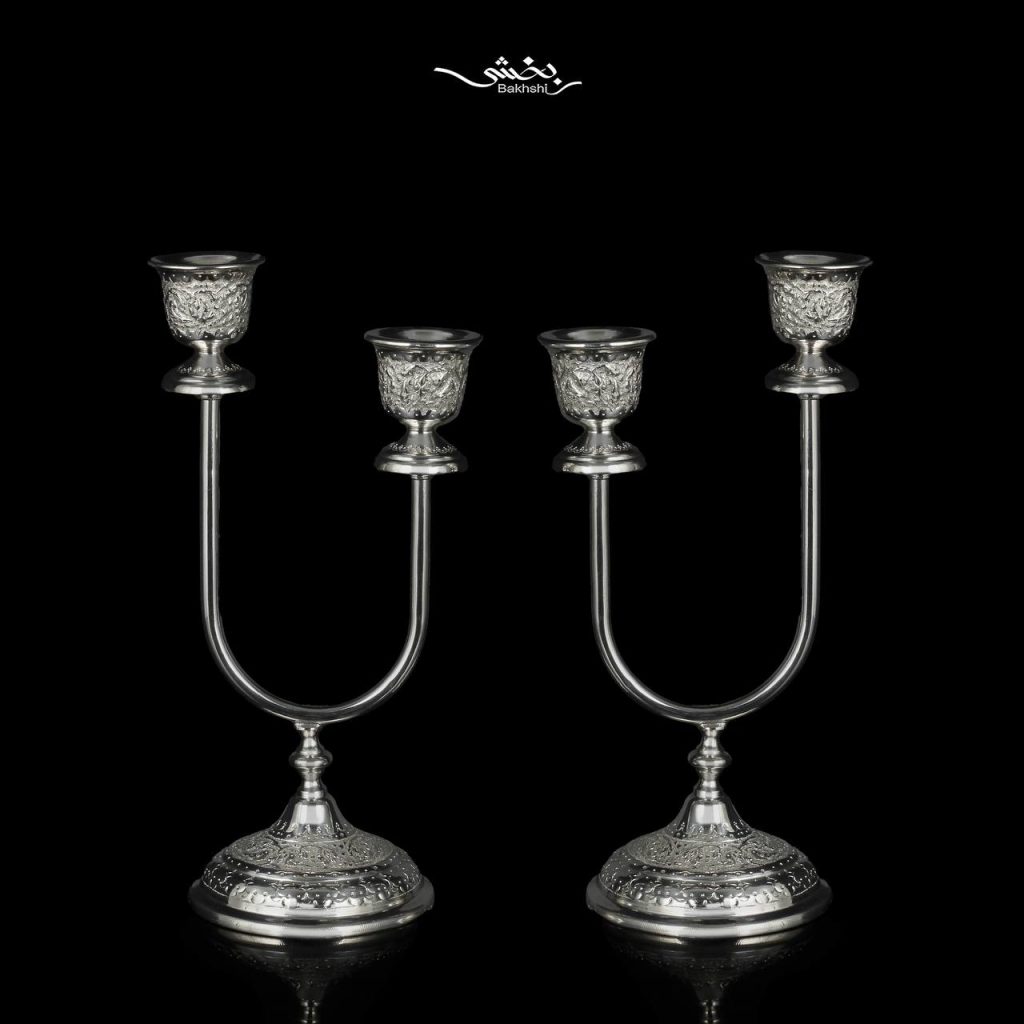 شمعدان دوشاخه نقره گل و مرغ