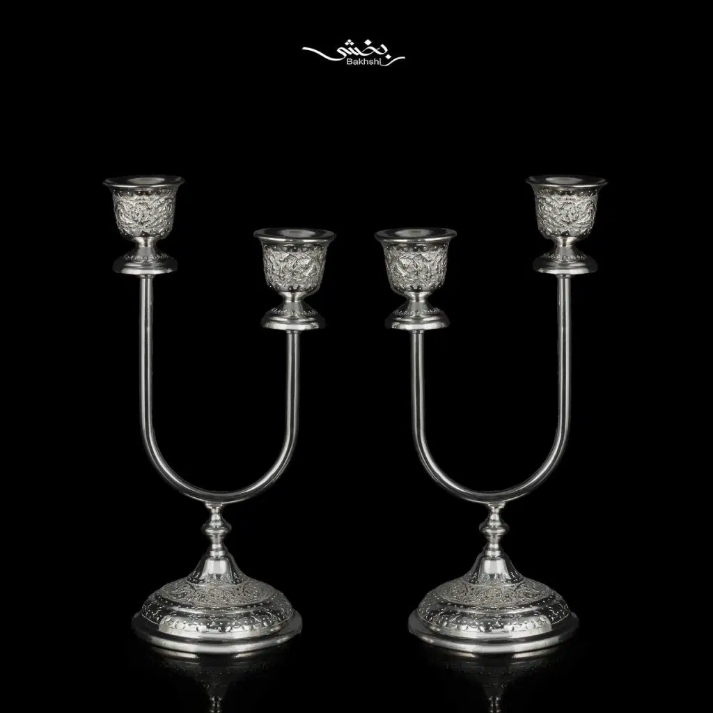 شمعدان دوشاخه نقره گل و مرغ