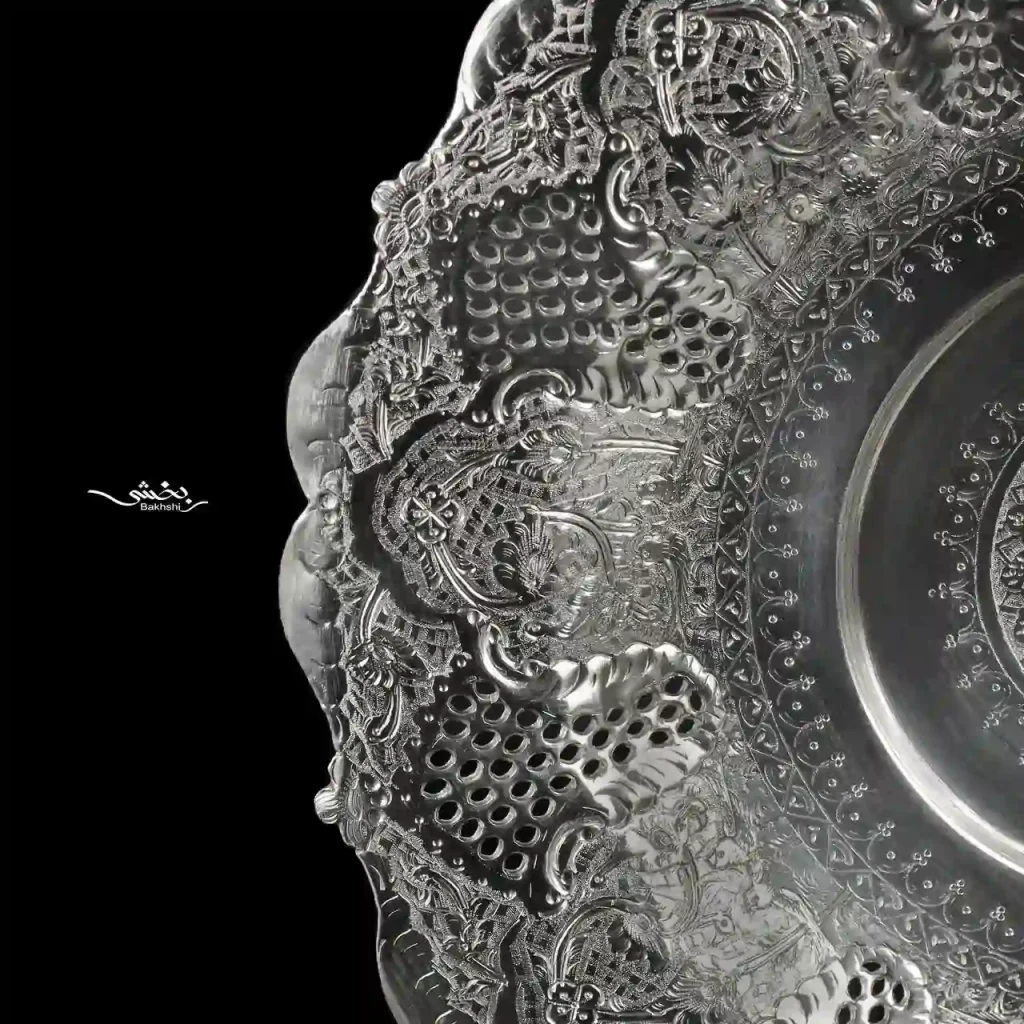 شیرینی خوری نقره گرد قلم گل و مرغ پایه ریختگی