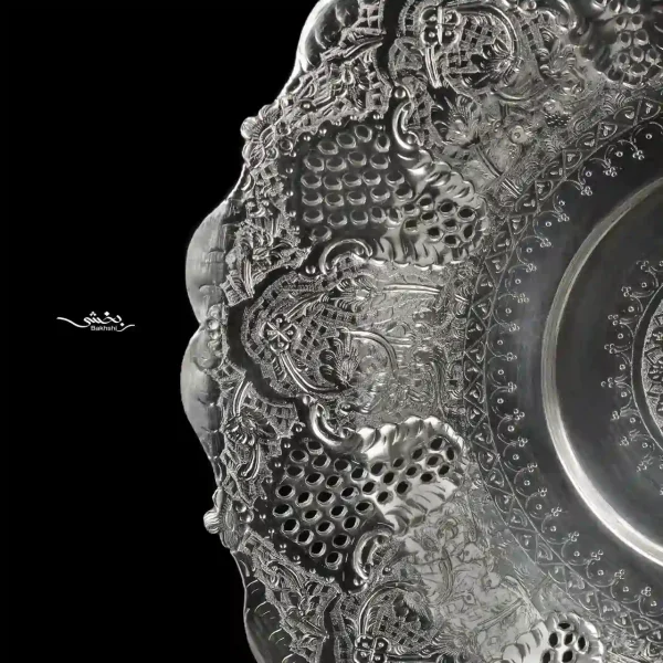 شیرینی خوری نقره گرد قلم گل و مرغ پایه ریختگی