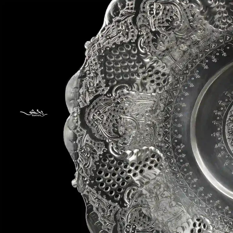 شیرینی خوری نقره گرد قلم گل و مرغ پایه ریختگی