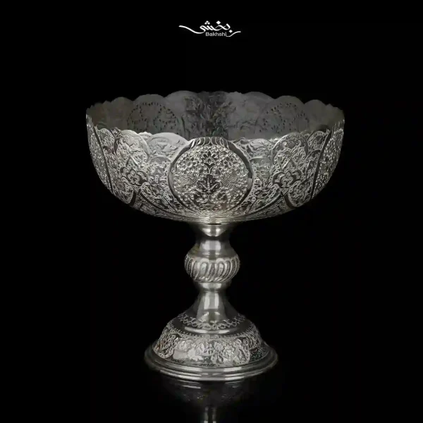 کاسه نقره پایه بلند قلم گل و مرغ