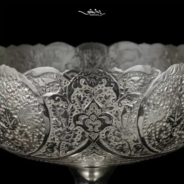 کاسه نقره پایه بلند قلم گل و مرغ