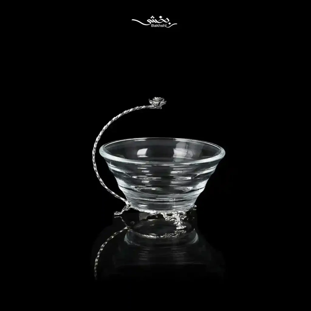 کاسه دسته نیمه گل بلور نقره