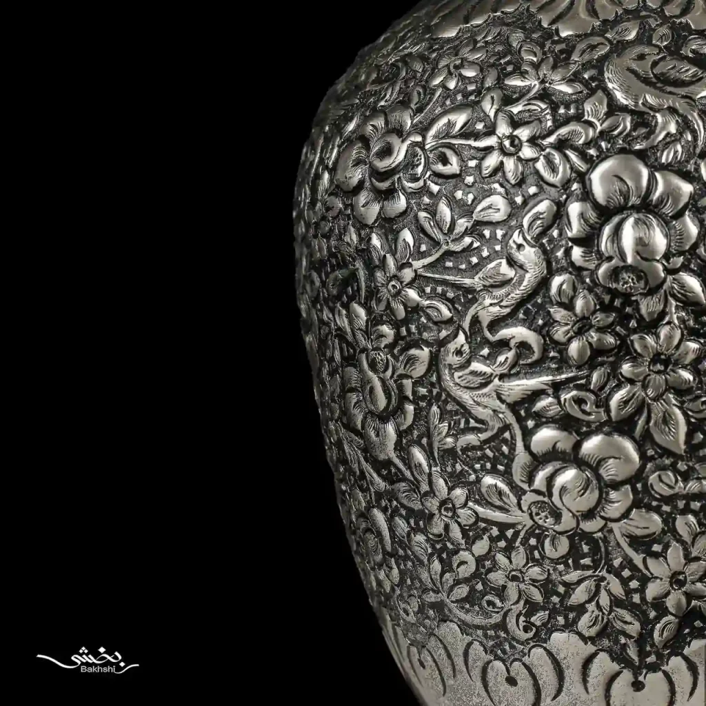 یک جفت تنگ شاخدار نقره قلم گل و مرغ