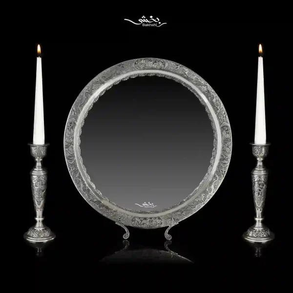 ست آینه گرد و شمعدان نقره مینیاتور