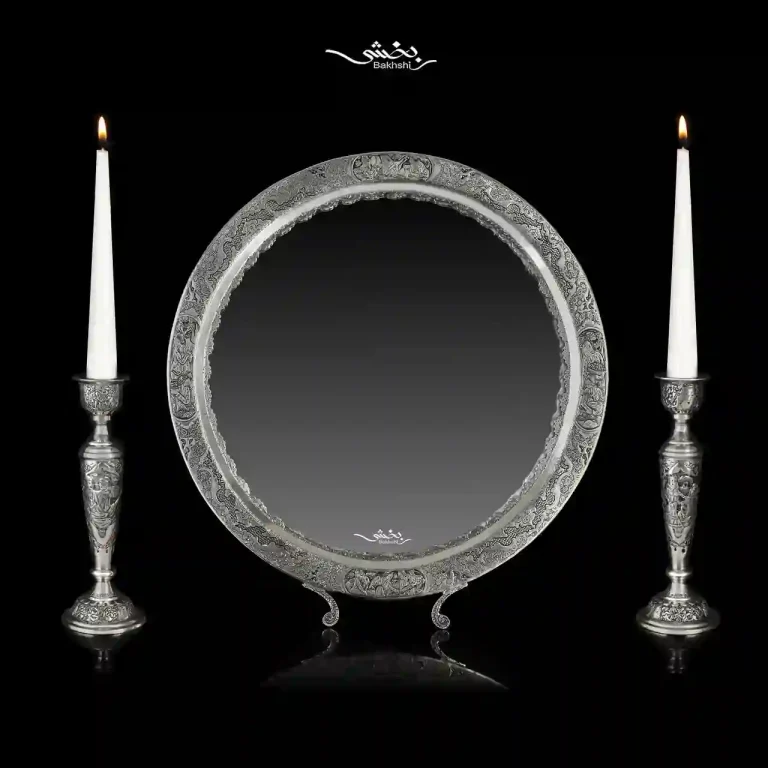 ست آینه گرد و شمعدان نقره مینیاتور