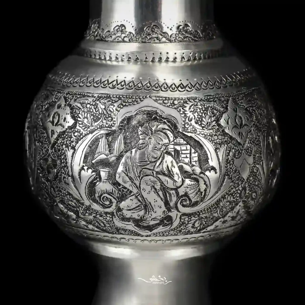 کشکول دسته دار نقره قلم مینیاتور