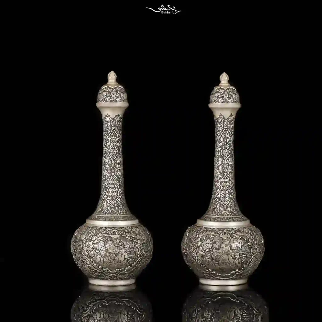 یک جفت تنگ نقره قلم گل و مرغ و مینیاتور