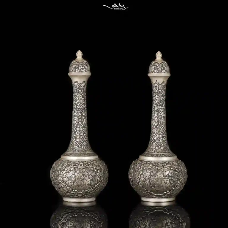 یک جفت تنگ نقره قلم گل و مرغ و مینیاتور