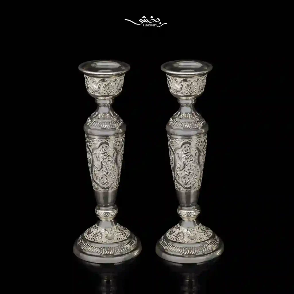 شمعدان نقره تک شاخه قلم گل و مرغ