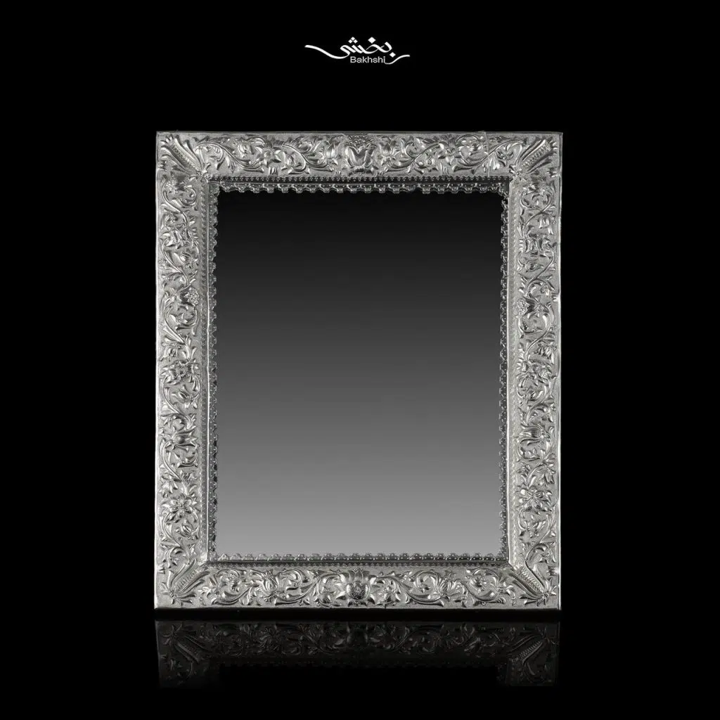 آینه نقره مستطیل تاجدار گل برجسته