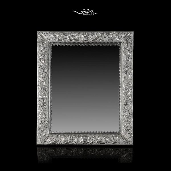 آینه نقره مستطیل تاجدار گل برجسته
