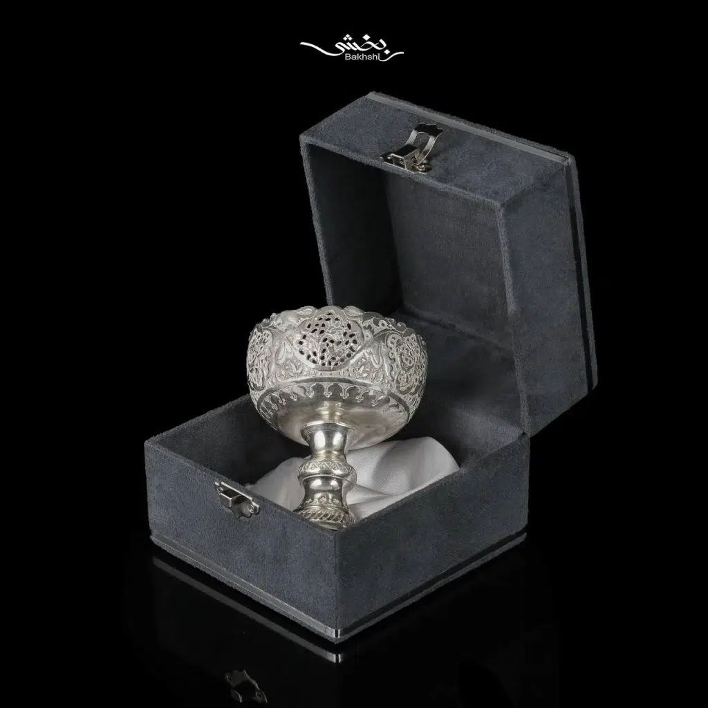 کاسه نقره پایه دار قلم گل و مرغ