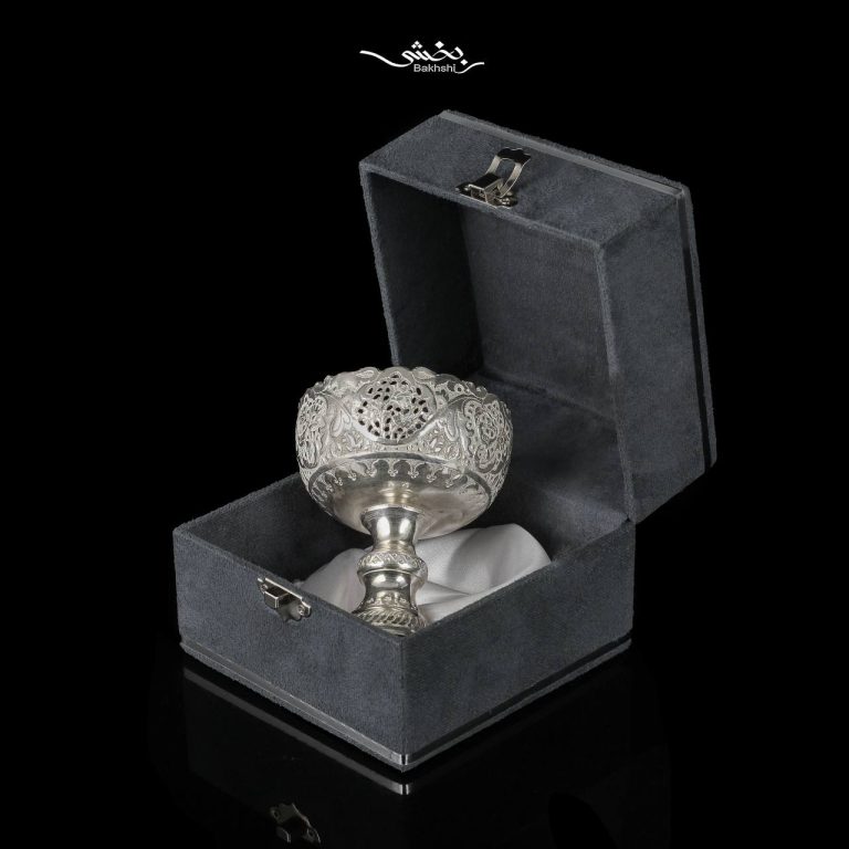 کاسه نقره پایه دار قلم گل و مرغ