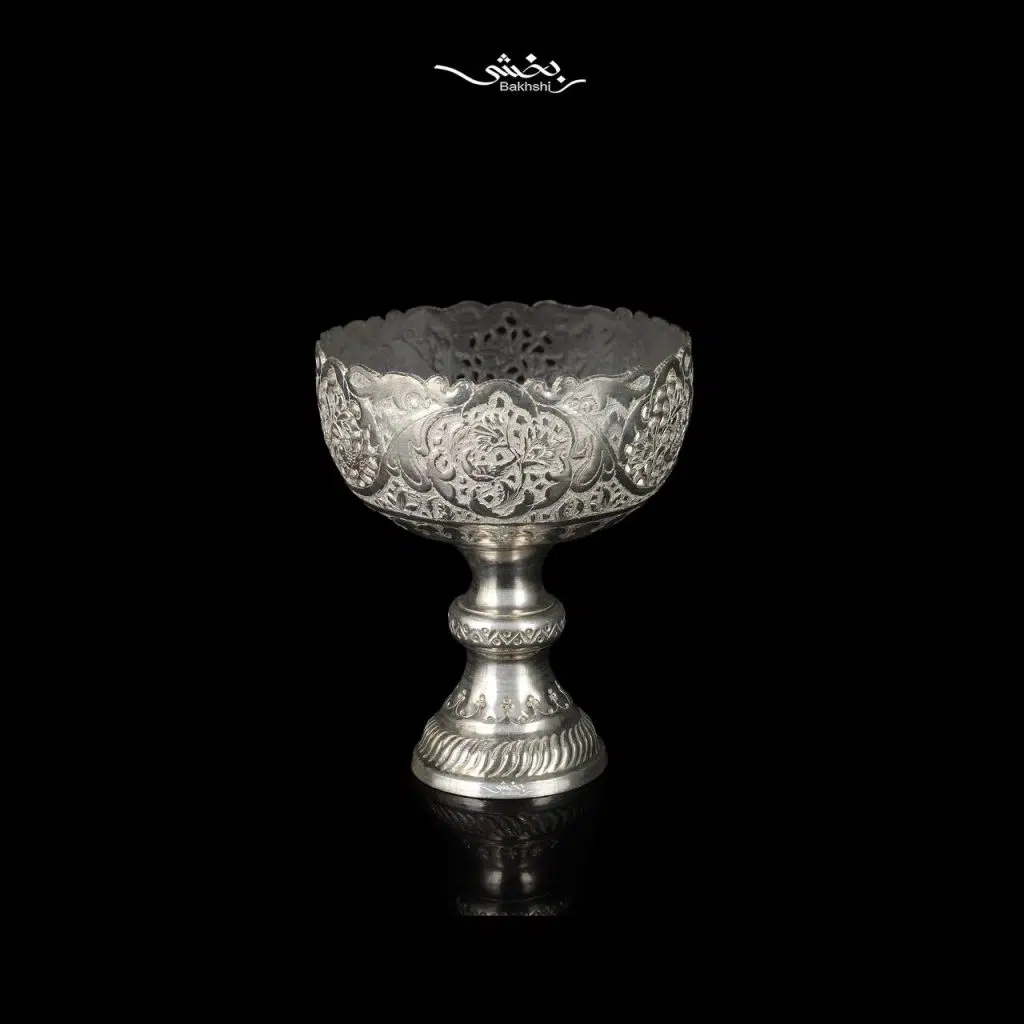 کاسه نقره پایه دار قلم گل و مرغ