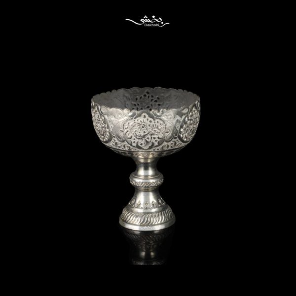 کاسه نقره پایه دار قلم گل و مرغ