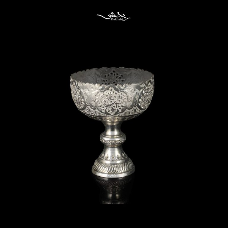 کاسه نقره پایه دار قلم گل و مرغ