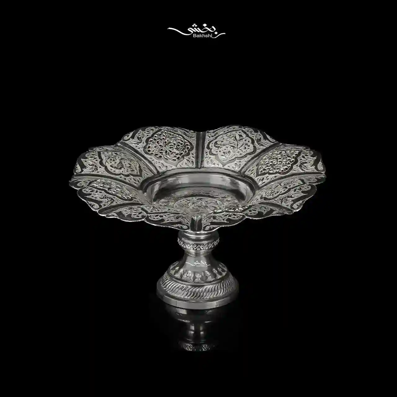 شیرینی خوری نقره پایه دار گل و مرغ