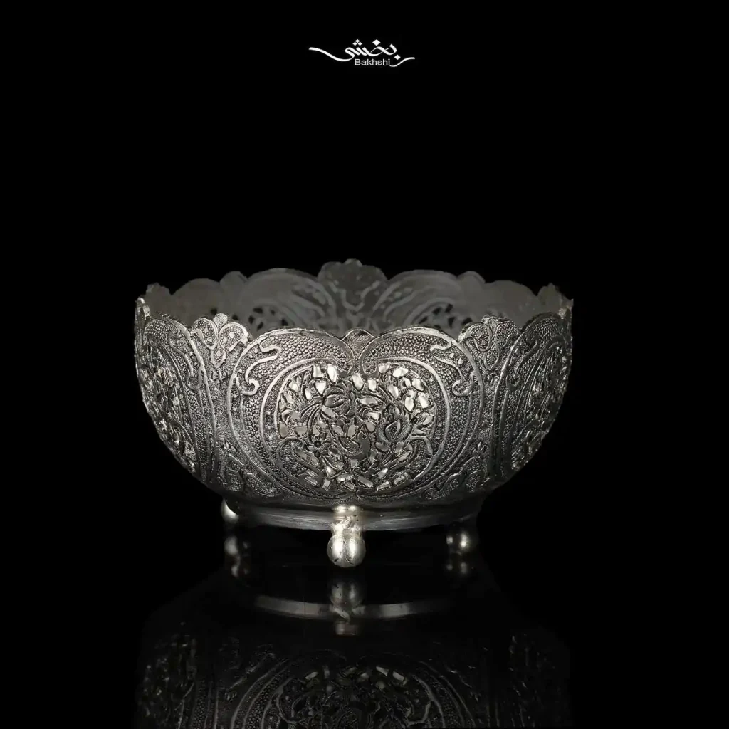 کاسه نقره گرد پایه گلوله ای قلم مشبک اعلا
