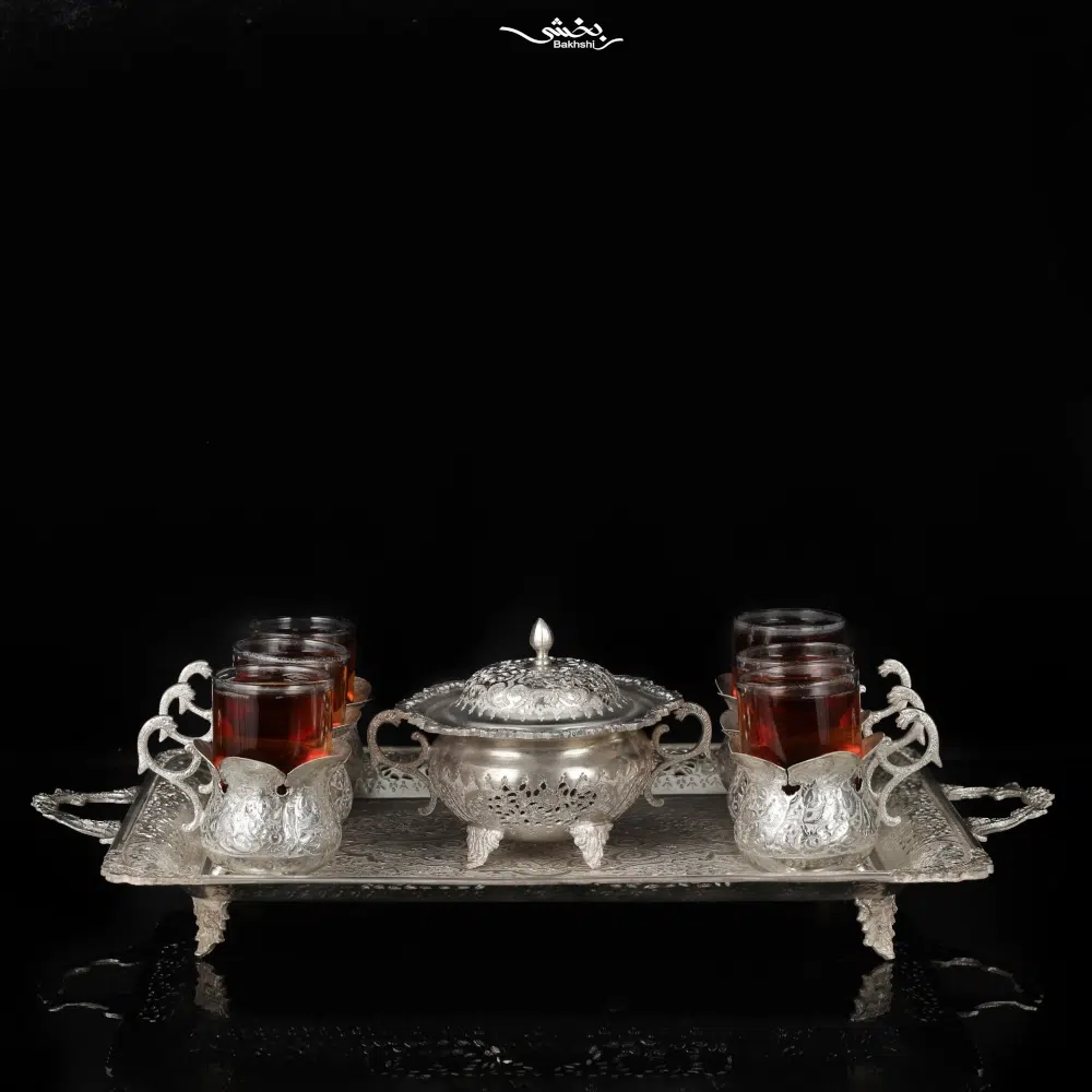ست چای خوری نقره قلم گل و مرغ