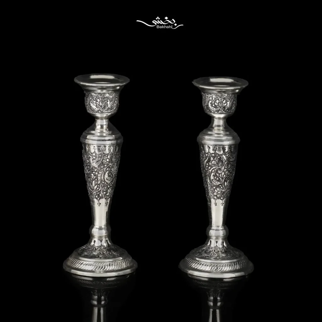 شمعدان نقره تک شاخه قلم گل و مرغ