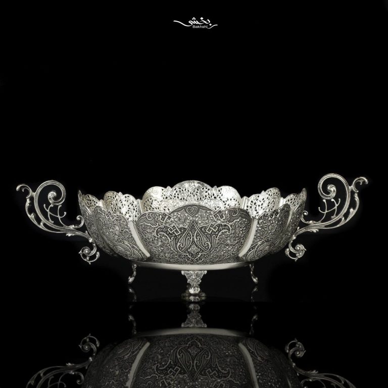 کشکول نقره دسته دار گل و مرغ مشبک اعلا