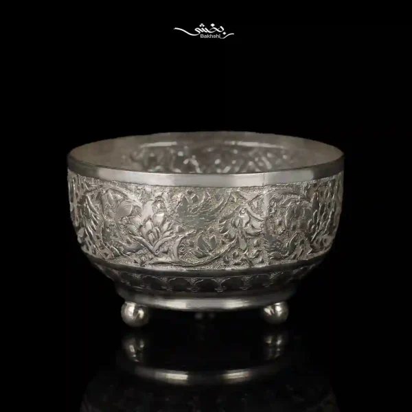 کاسه نقره پایه گلوله ای قلم گل و مرغ