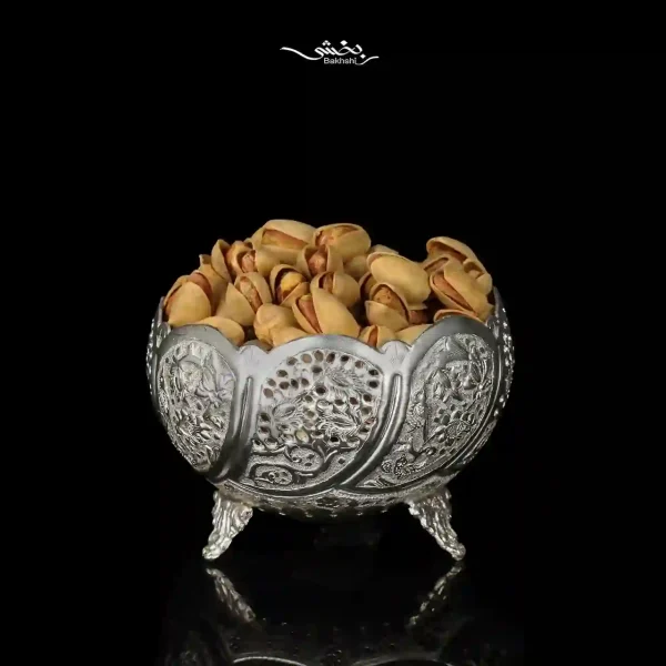 کاسه نقره پایه ریختگی قلم گل و مرغ